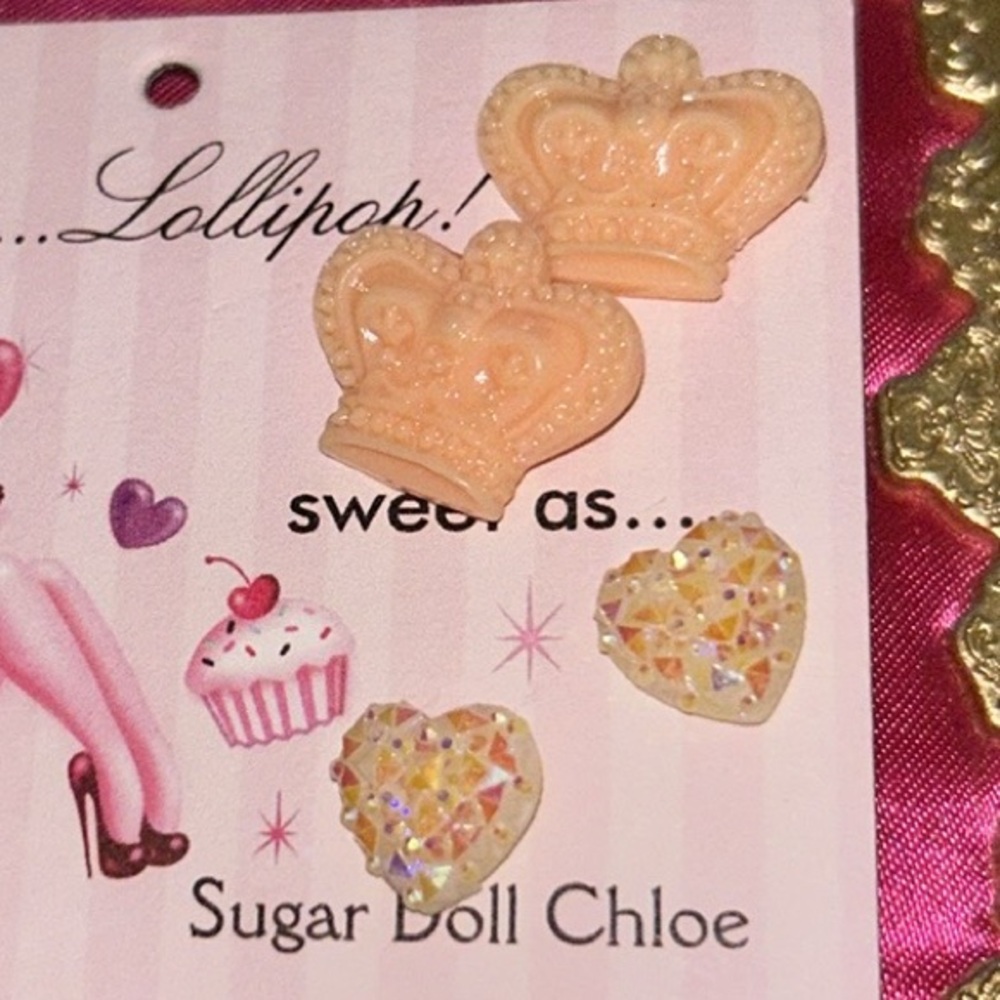 Oh lollipop sugardoll earrings crown glitter heart pinup dollbaby retro juicy